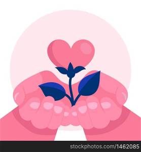 Human hands hold a flower in the form of a heart.Psychological support, help, psychotherapy.Emotional problem.Concept.Flat vector illustration