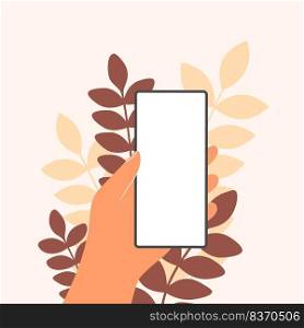 Human hands hold horizontally mobile phone with blank screen. Hand holding phones with empty screens mock up. Flat vector illustration scrolling or searching. Human hands hold horizontally mobile phone with blank screen. Hand holding phones with empty screens mock up. Flat vector illustration scrolling or searching.