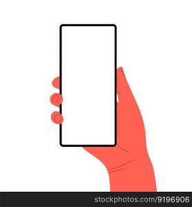 Human hands hold horizontally mobile phone with blank screen. Hand holding phones with empty screens mock up. Flat vector illustration scrolling or searching. Human hands hold horizontally mobile phone with blank screen. Hand holding phones with empty screens mock up. Flat vector illustration scrolling or searching.
