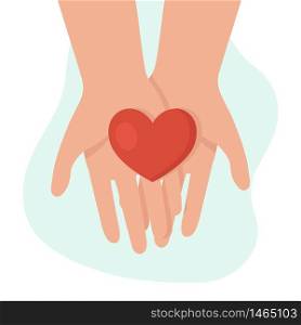 Human hands holding a heart. Concept of help, support, charity. Charity fund. Support for women in difficult situations. Vector cartoon illustration.