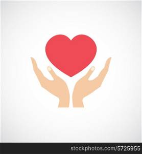 Human hands holding and protect red heart love and health symbol vector illustration