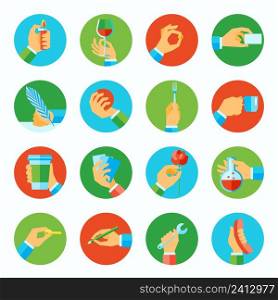 Human hands holding different objects flat icons set isolated vector illustration