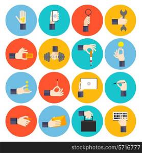 Human hands holding different objects flat icons set isolated vector illustration