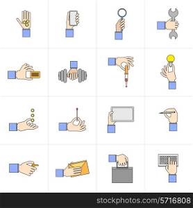 Human hands holding different objects flat icons set with card weights lightbulb isolated vector illustration
