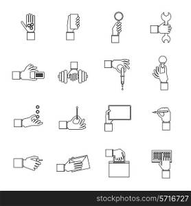 Human hands holding different objects outline icons set with money tablet pen isolated vector illustration
