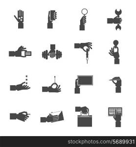 Human hands holding different objects paying repairing writing black icons set isolated vector illustration