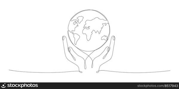 Human hands holding Earth globe continuous line art drawing. Save of Planet linear concept. Vector illustration isolated on white. 