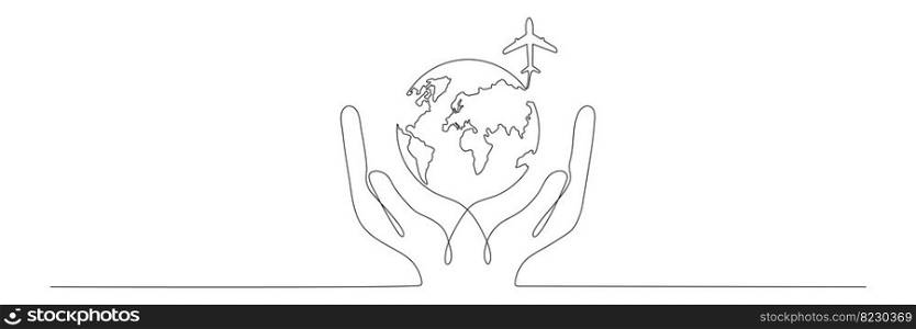 Human hands holding Earth globe with flying airplane continuous line art drawing. Save of Planet travel linear concept. Vector illustration isolated on white.. Human hands holding Earth globe with flying airplane continuous line art drawing