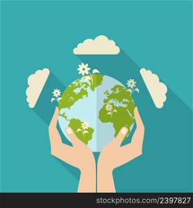 Human hands holding globe with flowers on it environmental care and social responsibility flat poster vector illustration