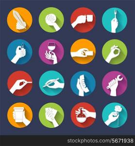 Human hands holding objects flat icons round buttons set isolated vector illustration