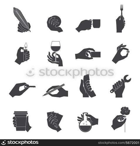 Human hands holding objects working tools black icons set isolated vector illustration