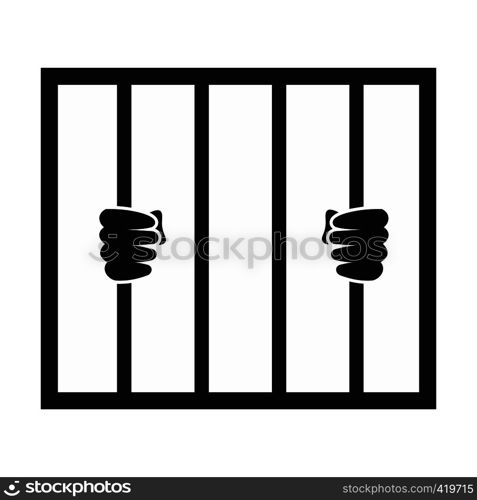 Human hands holding prison bars black icon. Simple black symbol on a white background. Hands holding prison bars icon