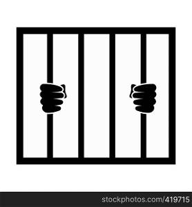 Human hands holding prison bars black icon. Simple black symbol on a white background. Hands holding prison bars icon