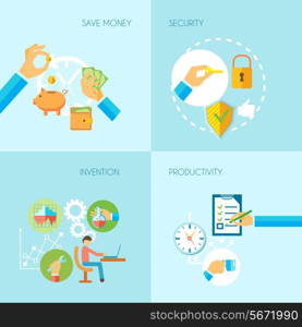 Human hands holding save money security invention productivity objects flat set isolated vector illustration