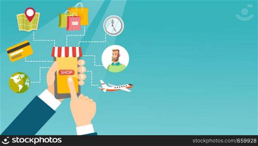 Human hands holding smartphone connected with shopping icons. Concept of online shopping, online store, e-commerce, mobile shopping, buying on internet. Vector cartoon illustration. Horizontal layout.. Hands holding phone connected with shopping icons.