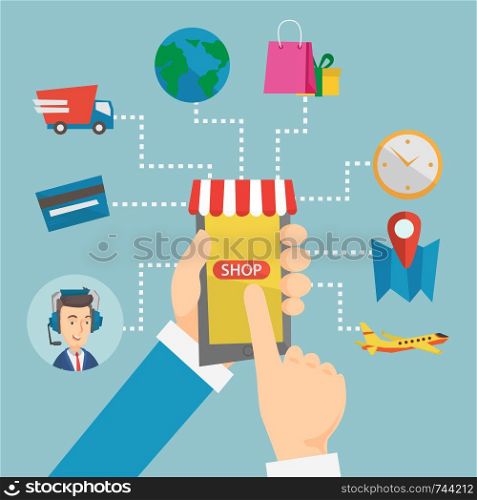 Human hands holding smartphone connected with shopping icons. Concept of online shopping, online store, e-commerce, mobile shopping, buying on internet. Vector flat design illustration. Square layout.. Online shopping vector flat design illustration.