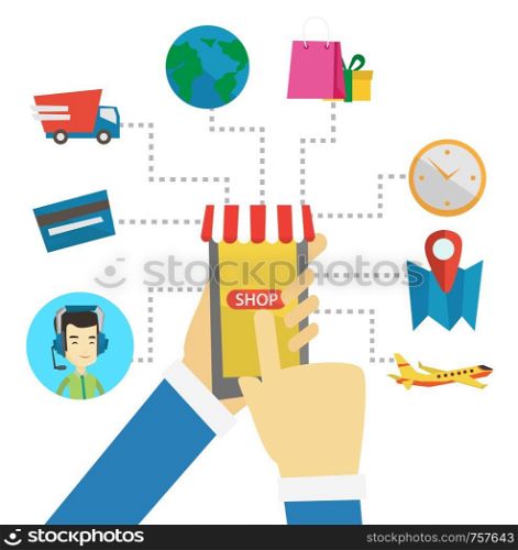 Human hands holding smartphone connected with shopping icons. Concept of online shopping, e-commerce, mobile shopping, buying on internet. Vector flat design illustration isolated on white background.. Online shopping vector flat design illustration.