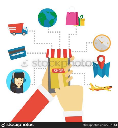 Human hands holding smartphone connected with shopping icons. Concept of online shopping, e-commerce, mobile shopping, buying on internet. Vector flat design illustration isolated on white background.. Online shopping vector flat design illustration.