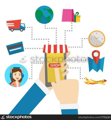 Human hands holding smartphone connected with shopping icons. Man making online order in the online store. Concept of online shopping. Vector flat design illustration isolated on white background.. Online shopping vector flat design illustration.