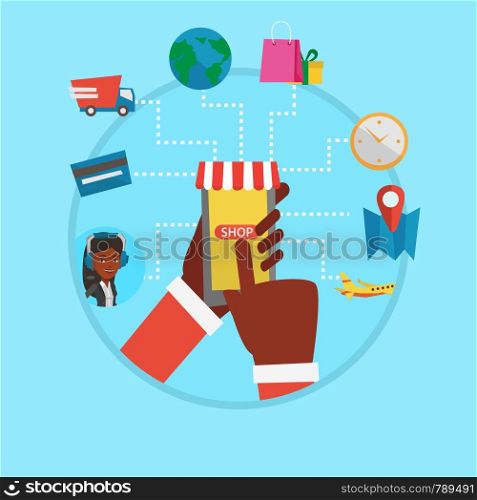 Human hands holding smartphone connected with shopping icons. Online shopping, online store, e-commerce, mobile shopping concept. Vector flat design illustration in the circle isolated on background.. Online shopping vector flat design illustration.