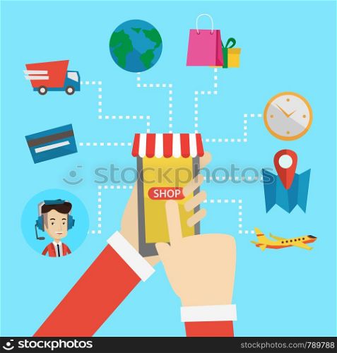 Human hands holding smartphone connected with shopping icons. Concept of online shopping, online store, e-commerce, mobile shopping, buying on internet. Vector flat design illustration. Square layout.. Online shopping vector flat design illustration.