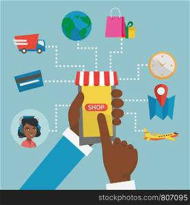 Human hands holding smartphone connected with shopping icons. Concept of online shopping, online store, e-commerce, mobile shopping, buying on internet. Vector cartoon illustration. Square layout.. Hands holding phone connected with shopping icons.