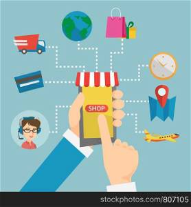 Human hands holding smartphone connected with shopping icons. Concept of online shopping, online store, e-commerce, mobile shopping, buying on internet. Vector cartoon illustration. Square layout.. Hands holding phone connected with shopping icons.