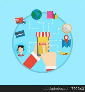 Human hands holding smartphone connected with shopping icons. Man making online order in online store. Concept of online shopping. Vector flat design illustration in the circle isolated on background.. Online shopping vector flat design illustration.