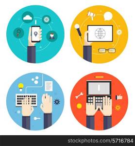 Human hands holding touching showing different flat icons set isolated vector illustration
