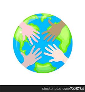 human hands in the globe. Cooperation and participation concept. World Environment Day icon design of poster, card and banner. Illustration isolated on white background.