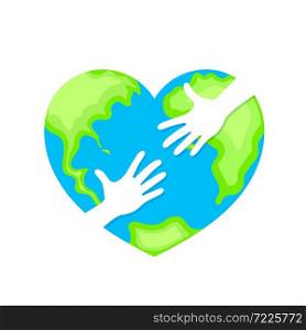 human hands in the globe heart shape. Cooperation and participation concept. World Environment Day icon design of poster, card and banner. Illustration isolated on white background.
