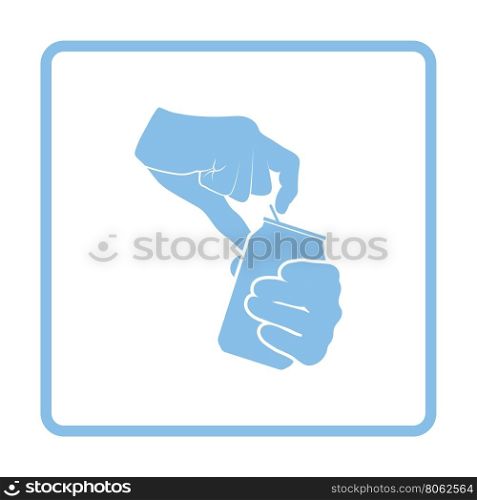 Human hands opening aluminum can icon. Blue frame design. Vector illustration.