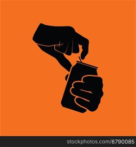 Human hands opening aluminum can icon. Orange background with black. Vector illustration.