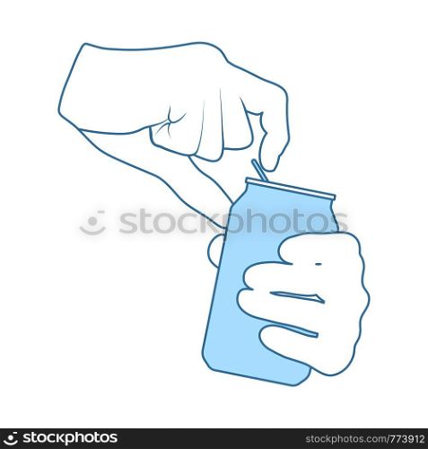 Human Hands Opening Aluminum Can Icon. Thin Line With Blue Fill Design. Vector Illustration.