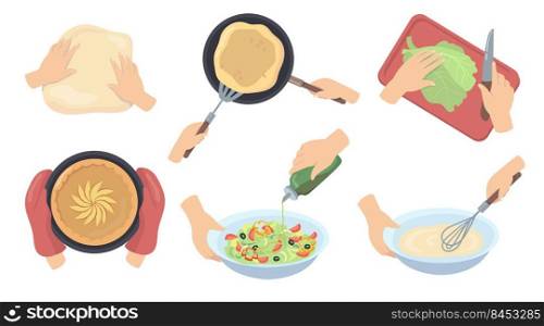 Human hands preparing food flat set for web design. Cartoon process of cooking pie, mixing dough, cutting salad isolated vector illustration collection. Meal and culinary art concept