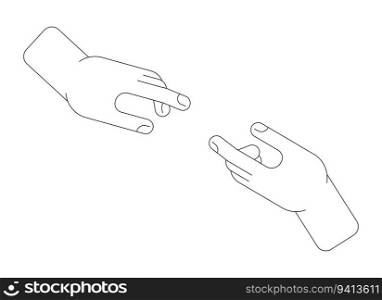 Human hands reaching towards each other flat monochrome isolated vector object. Editable black and white line art drawing. Simple outline spot illustration for web graphic design. Human hands reaching towards each other flat monochrome isolated vector object
