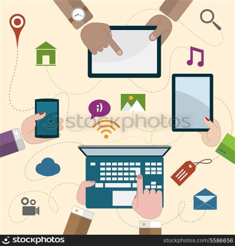 Human hands set holding mobile phones and electronic devices communication concept vector illustration