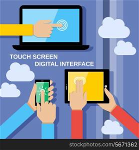 Human hands set holding touching mobile phones screens computer and communication gadgets vector illustration