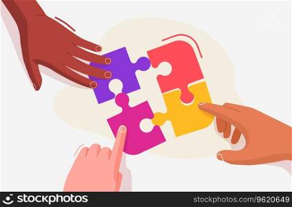Human hands solve jigsaw puzzle. Concept of team, cooperation. Flat cartoon style. Vector illustration. Human hands solve jigsaw puzzle. Concept of team, cooperation. Flat cartoon style.