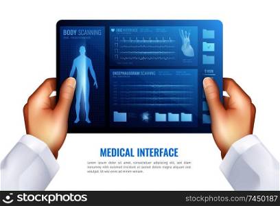 Human hands touching on tablet screen showing medical interface with hud elements realistic design concept  vector illustration