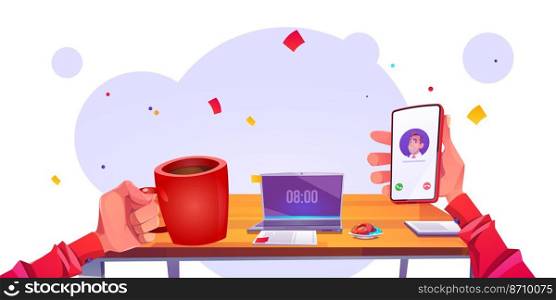 Human hands with coffee cup and phone at workplace background with laptop and pastry on desk. Morning, working day beginning concept with person holding mug and smartphone, Cartoon vector illustration. Human hands with coffee cup and phone at workplace