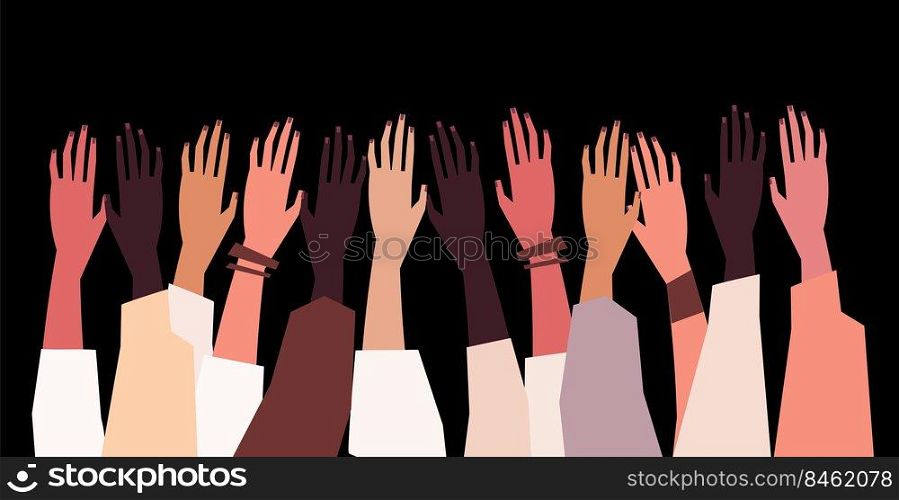 Human hands with different skin color stacked for support. Group, unity, race equality, tolerance concept art in minimal flat style. Vector illustration card.. Human hands with different skin color stacked for support.