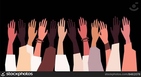 Human hands with different skin color stacked for support. Group, unity, race equality, tolerance concept art in minimal flat style. Vector illustration card.. Human hands with different skin color stacked for support.