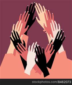 Human hands with different skin color stacked together for support. Group, unity, race equality, tolerance concept art in minimal flat style. Vector illustration card.. Human hands with different skin color stacked for support.