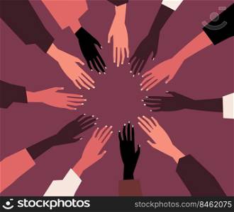 Human hands with different skin color stacked together for support. Group, unity, race equality, tolerance concept art in minimal flat style. Vector illustration card.. Human hands with different skin color stacked for support.