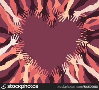 Human hands with different skin color together. Group, unity, race equality, tolerance concept art in minimal flat style. Vector illustration card.. Human hands with different skin color stacked for support.