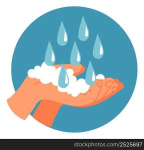 Human hands with foam and water droplets. Wetting palms. Vector illustration. Human hands with foam and water droplets. Wetting palms