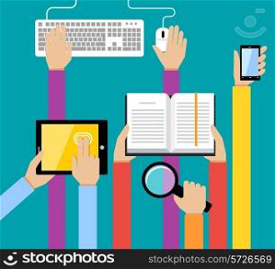 Human hands with mobile phone tablet book keyboard information search concept vector illustration