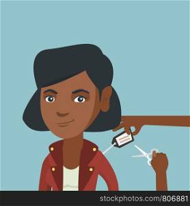 Human hands with scissors cutting off the price tag from the jacket of young african-american woman. Woman cutting a price tag off new jacket with scissors. Vector cartoon illustration. Square layout.. African woman cutting price tag off new jacket.