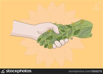 Human handshake green plant show love and care for nature and environment. People celebrate world environmental day. Save planet and earth. Eco friend, activist. Flat vector illustration. . Human handshake green plant show care for nature
